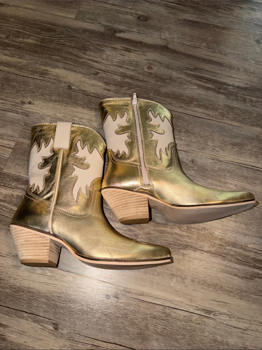 Very Volatile Gold and Cream Metallic Western Block Heel Ankle Boots